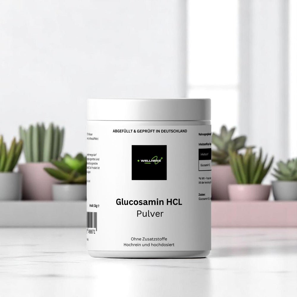 Weiße Dose mit Glucosamin HCL Pulver der Marke Wellness Formel, hochrein und ohne Zusatzstoffe, vor einem hellen Hintergrund mit dekorativen Sukkulenten