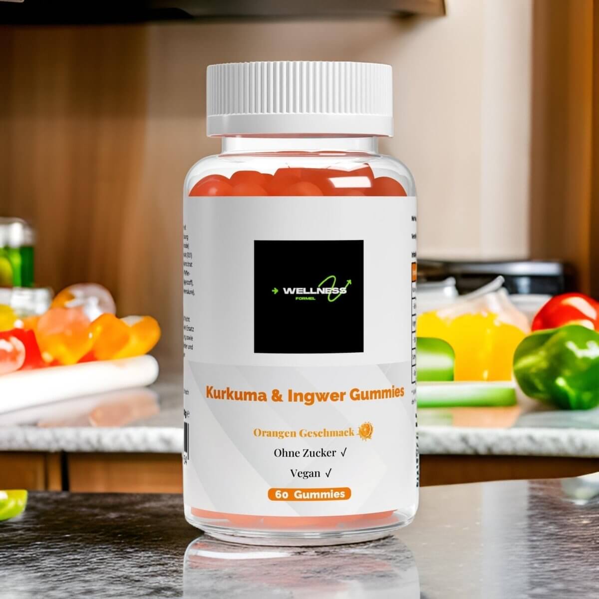 Löwenmähne Gummies von Wellness Formel – Nahrungsergänzung mit Blueberry-Geschmack, vegan, zuckerfrei und mit Vitamin B6. 60 Gummies in einer transparenten Dose mit weißem Deckel und Etikett