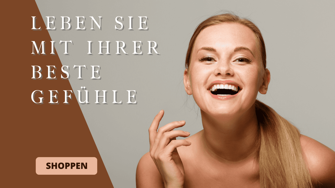 Strahlende Frau lacht. Text: "Leben Sie mit Ihrer besten Gefühle". Braun-beiger Hintergrund, Button "Shoppen