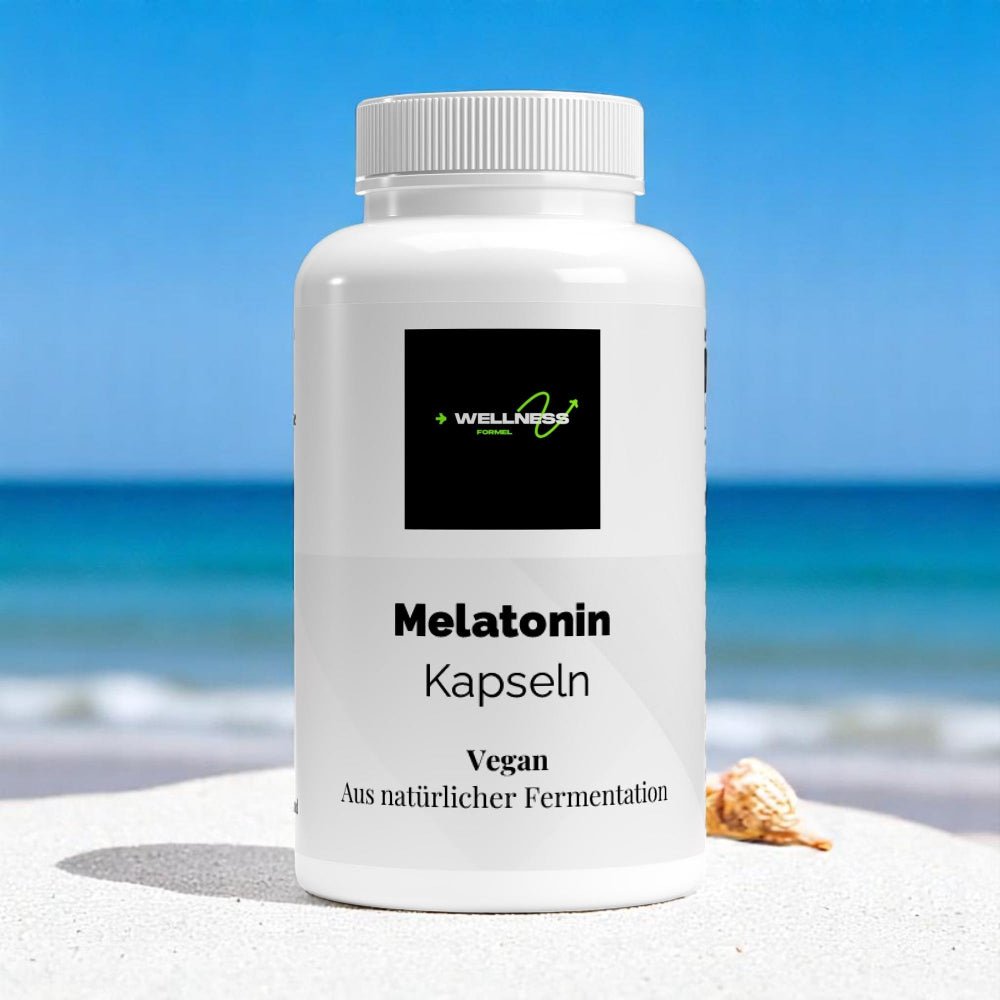 Alt-Text:  
**„Weiße Dose Melatonin Kapseln von Wellness Formel, vegan und aus natürlicher Fermentation, vor hellem Hintergrund mit dekorativen Zimmerpflanzen.“** 

Möchtest du noch eine zweite SEO-optimierte Variante speziell für deinen Onlineshop? 