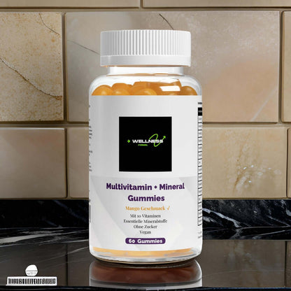 Löwenmähne Gummies von Wellness Formel – Nahrungsergänzung mit Blueberry-Geschmack, vegan, zuckerfrei und mit Vitamin B6. 60 Gummies in einer transparenten Dose mit weißem Deckel und Etikett