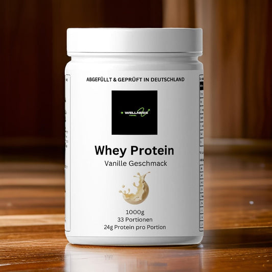 Premium Whey - Geschmack: Vanille - weisse dose auf holz platte braun -wellness formel